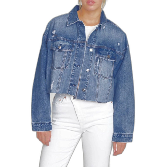 Daze Denim The Main Squeeze Crop  Distressed Trucker Denim Jacket in Throwdown M - Picture 12 of 13